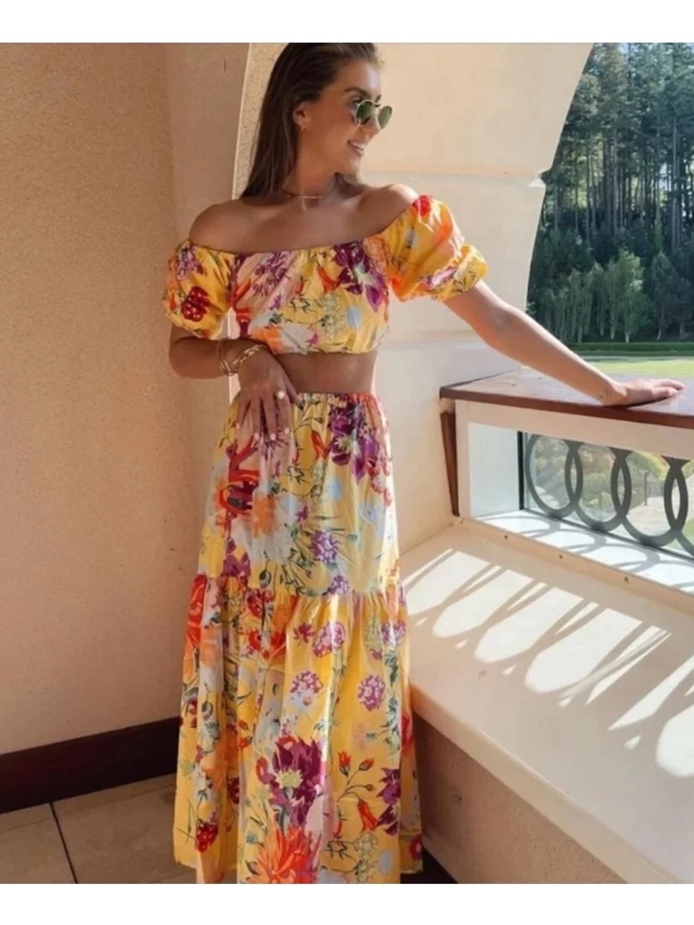 NWT Yellow Floral Tropical Resort Two-Piece Co-Ord Crop Top Maxi Skirt Set sizeM - Picture 2 of 15